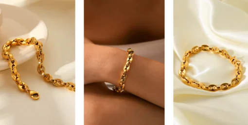 Pulsera de mujer dorada con eslabones grano de café